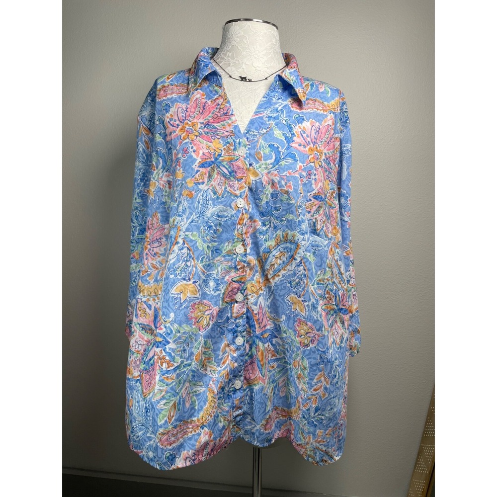 Alfred Dunner Womens 3X Blue Floral Button Up Shirt Coastal Grandma Cotton Blend